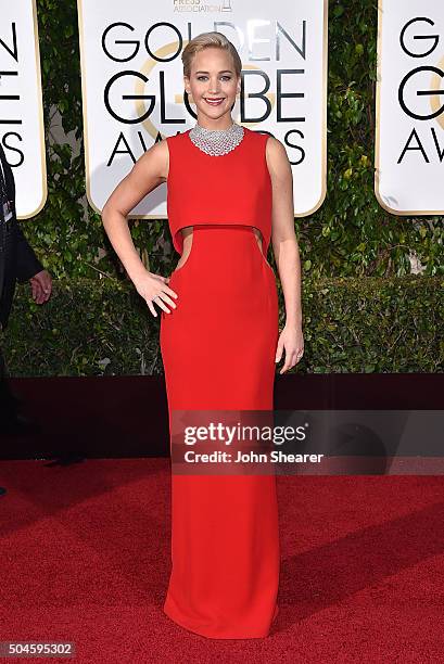 Actress Jennifer Lawrence attends the 73rd Annual Golden Globe Awards held at the Beverly Hilton Hotel on January 10, 2016 in Beverly Hills,...