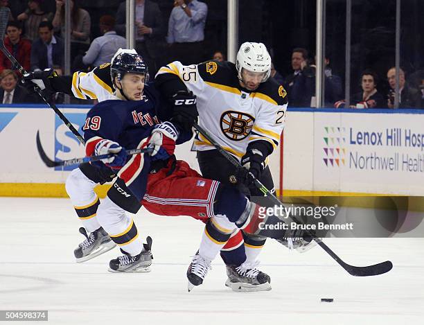 Max Talbot of the Boston Bruins checks Jesper Fast of the New York Rangers during the first period at Madison Square Garden on January 11, 2016 in...