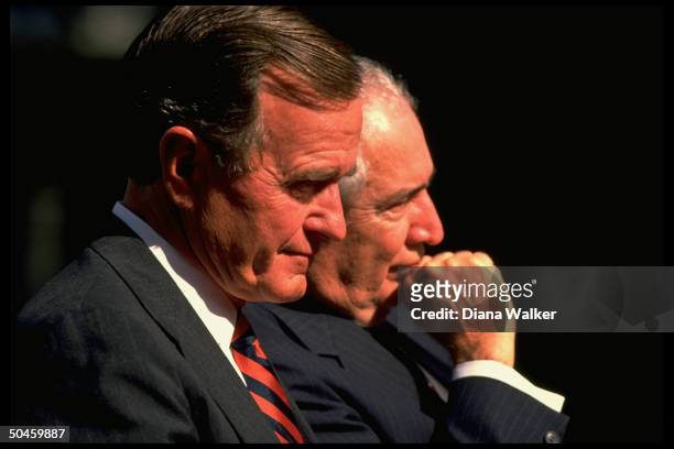 Pres. George Bush, , during his education summit w. His Cabinet & nation's governors, w. Educ. Secy. Cavazos, at the University of Virginia.