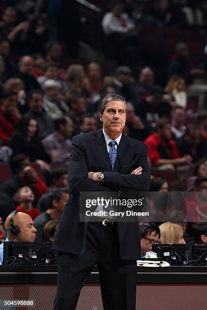 Head Coach Randy Wittman of the Washington Wizards looks on during the game against the Chicago Bulls on January 11, 2016 at the United Center in...