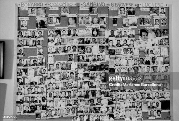 Large bulletin board showing photographs of bosses, underbosses, capos and soldiers in five NY organized crime families, Bonanno, Colombo, Gambino,...