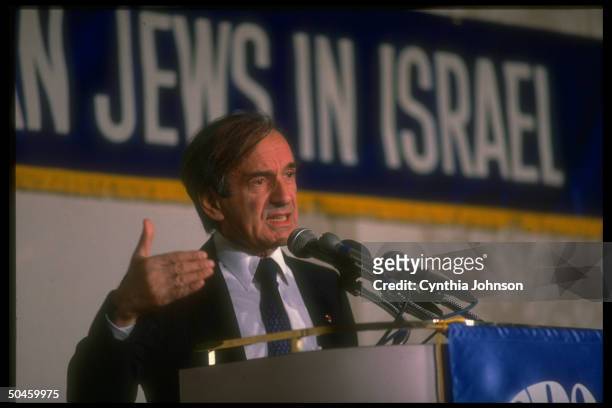 Holocaust author Elie Wiesel speaking re Jews & Israel during mtg. Of Israel-bond volunteers.