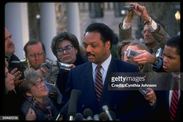 American religious and Civil Rights leader Reverend Jesse Jackson speaks during a press conference outside the Old Executive Office Building ,...