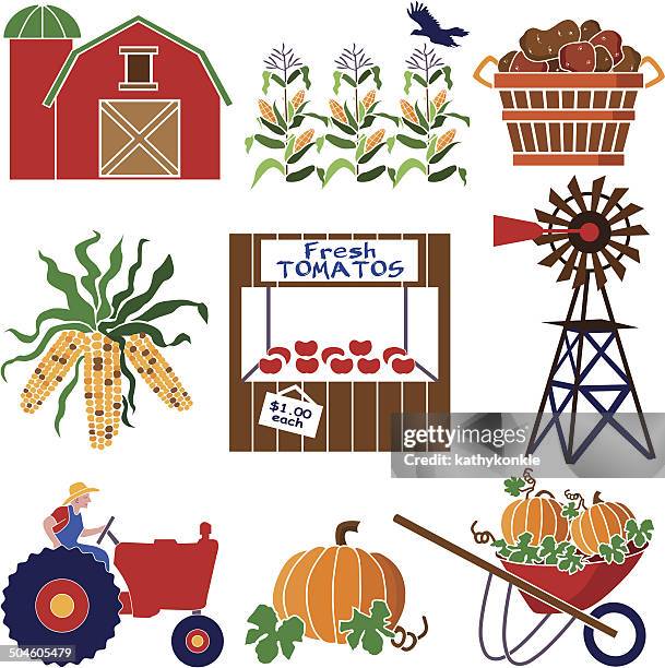 herbstliche ernte auf dem bauernhof-set-icon - indian corn stock-grafiken, -clipart, -cartoons und -symbole