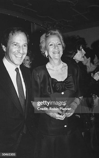 Chmn. Of WASHINGTON POST Katharine Graham posing w. Chmn. Of U.S. NEWS AND WORLD REPORTS Mortimer Zuckerman at NEW YORK magazine's 20th anniversary...