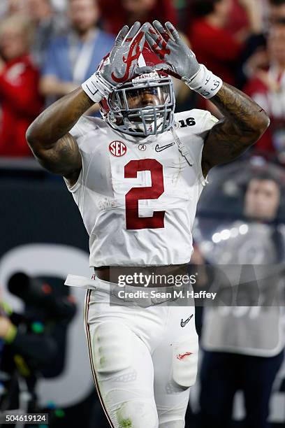 Derrick Henry of the Alabama Crimson Tide celebrates after scoring a 50 yard touchdown in the first quarter against the Clemson Tigers during the...