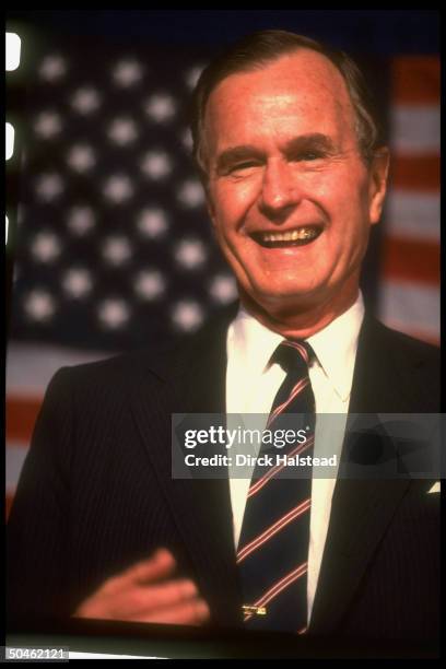 Pres. Bush poised against backdrop of American flag, appearing at fund-raiser for Sen. Mitch McConnell.