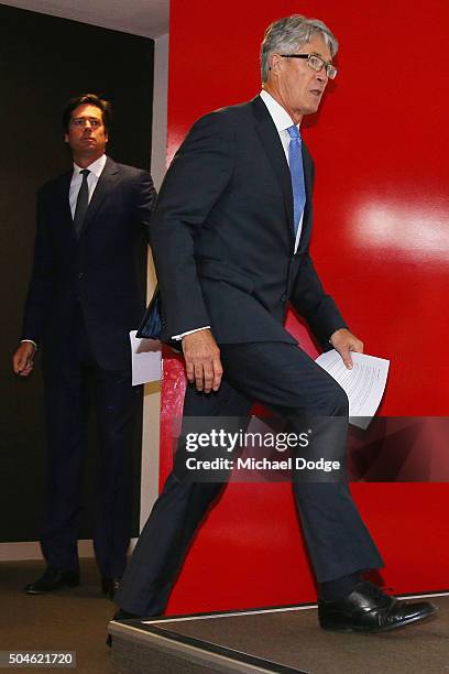 Commission Chairman Mike Fitzpatrick and AFL CEO Gillon McLachlan arrive to speak to media on January 12, 2016 in Melbourne, Australia. The Court of...