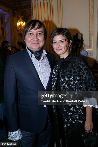 Michel Fau and Audrey Tautou attend the 'Cesar - Revelations 2016' Photocall at Chaumet, followed by a dinner at Hotel Meurice on January 11, 2016 in...