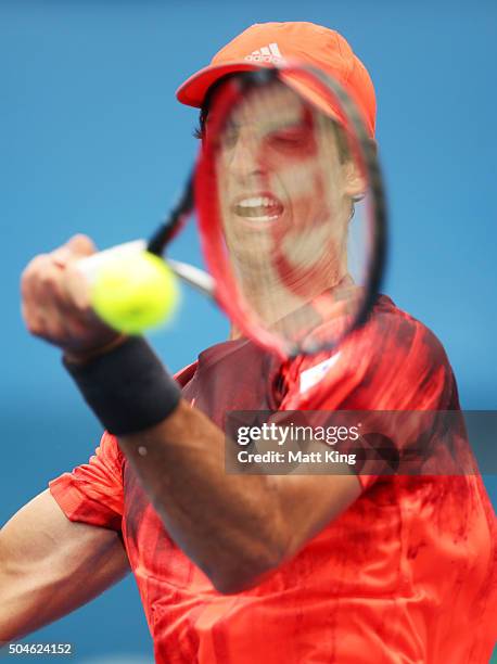 Thomaz Bellucci of Brazil plays a forehand in his match against Alexandr Dolgopolov of Ukraine during day three of the 2016 Sydney International at...