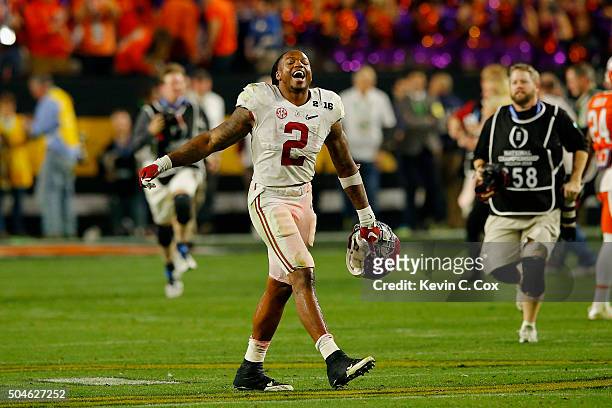 Derrick Henry of the Alabama Crimson Tide celebrates after defeating the Clemson Tigers in the 2016 College Football Playoff National Championship...