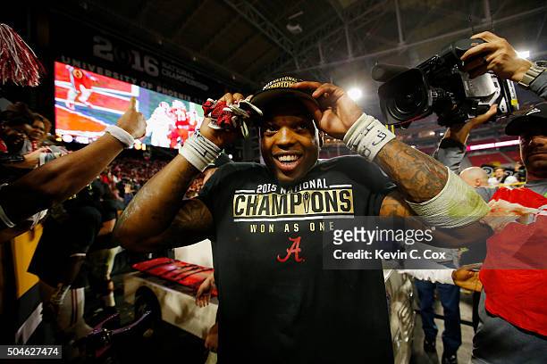 Derrick Henry of the Alabama Crimson Tide celebrates after defeating the Clemson Tigers in the 2016 College Football Playoff National Championship...