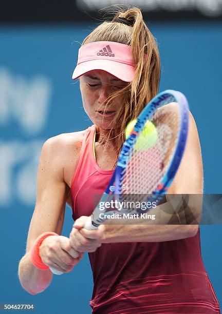 Daniela Hantuchova of Slovakia is hit in the face by the ball while playing a backhand in her match against Samantha Stosur of Australia during day...