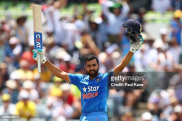 Rohit Sharma of India celebrates his century during the Victoria Bitter One Day International Series match between Australia and India at WACA on...