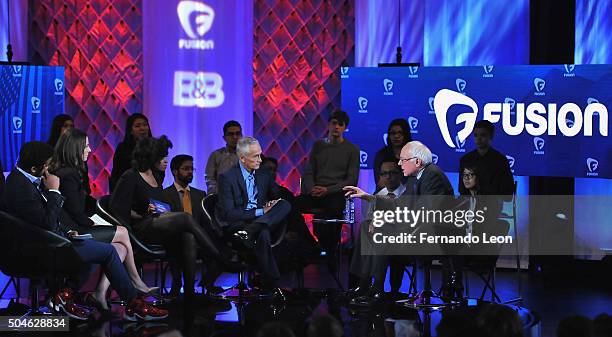 Journalists Rembert Browne, Alicia Menendez, Akilah Hughes, Jorge Ramos and democratic presidential candidate Bernie Sanders pictured onstage during...