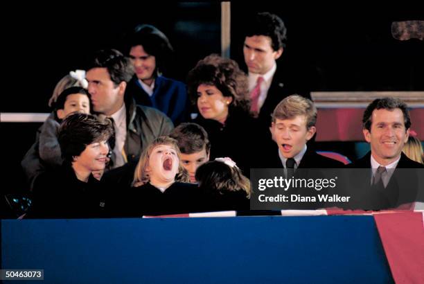 Bush sons & wives incl. George Laura Jeb & Columba & Marvin & Margaret , w. Assorted kids, at Lincoln Memorial inaugural fete.