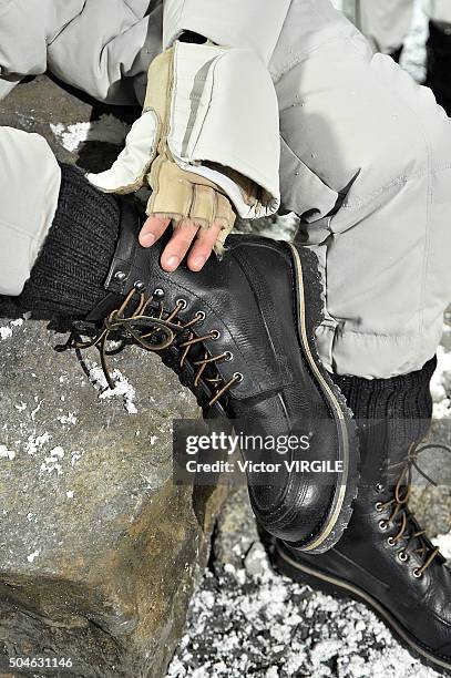 Model at the Belstaff presentation during The London Collections Men AW16 at the Ewer Street Arches on January 10, 2016 in London, England.