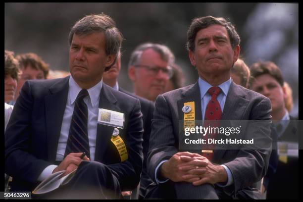 News anchors Dan Rather & Tom Brokaw at rally marking hostage Terry Anderson's 6th yr. In Lebanon, wearing comm- emorative ribbons & buttons.