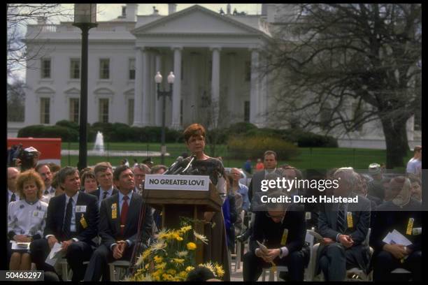 Peggy Say speaking at rally marking 6th yr. Of her hostage brother Terry Anderson's 6th yr. In Lebanon, w. Jenco, Moynihan, unident., Rather & Brokaw.