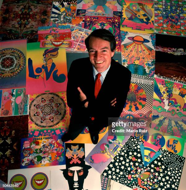 Magazine special projects editor Donald Morrison standing amid 1960's Peter Max pop art, to promote TIME's 1968 special issue.
