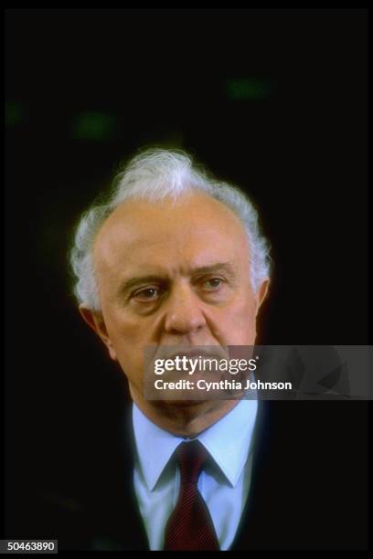 Soviet For. Min. Eduard Shevardnadze speaking to press after plenary session w. State Secy. Baker et al.