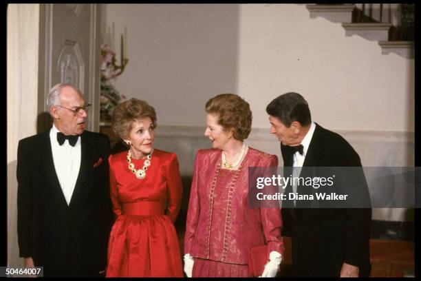 Pres. & Nancy Reagan w. British PM Margaret & Denis Thatcher during State Dinner.