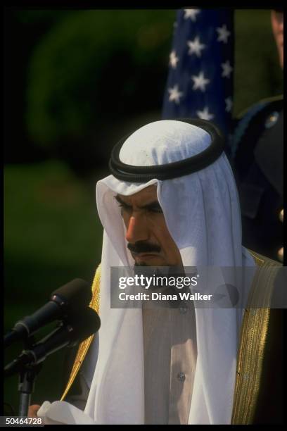 Kuwaiti Emir Jaber al-Ahmad Al Sabah speaking during WH S. Lawn departure ceremony, ending gulf crisis visit.