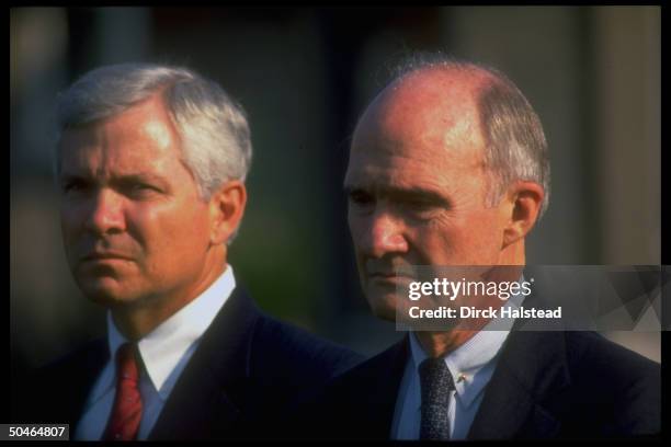 Adviser Brent Scowcroft w. His dep. Robert Gates, during gulf crisis talks w. Jordanians & Saudis, outside in Kennebunkport, ME.