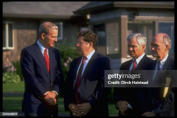 Pres. Bush's aides NSC's Scowcroft & Gates, WH Chief of Staff Sununu & State Secy. Baker during gulf crisis talks w. Jordanians & Saudis.