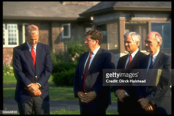 Pres. Bush's aides NSC's Scowcroft & Gates, WH Chief of Staff Sununu & State Secy. Baker during gulf crisis talks w. Jordanians & Saudis.