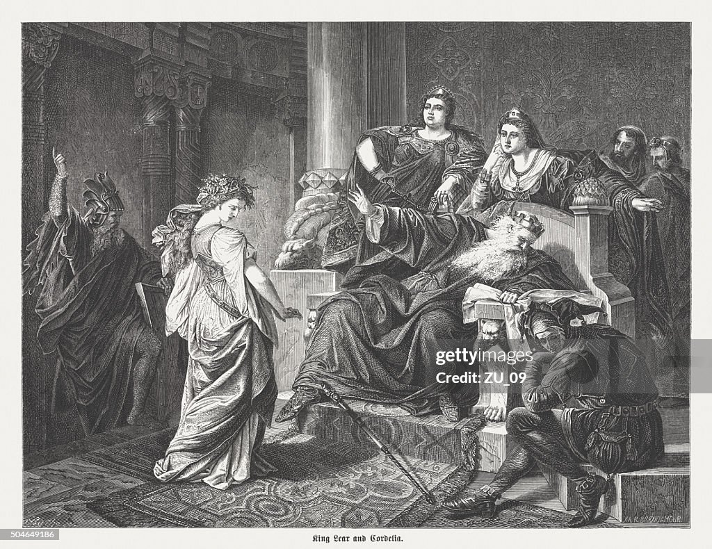 King Lear and Cordelia, wood engraving, published in 1873