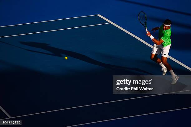 Jiri Vesely of the Czech Republic plays a forehand against Roberto Agut Bautista of Spain in their singles match on Day 8 of the ASB Classic on...