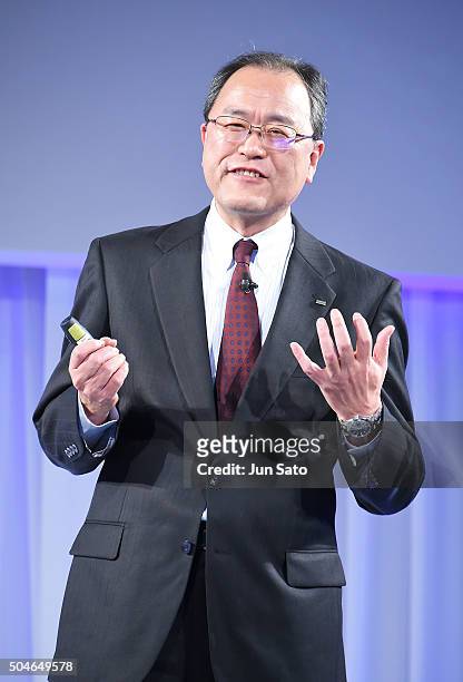 Of KDDI Takashi Tanaka attends the KDDI 2016 Spring Press Conference on January 12, 2016 in Tokyo, Japan.