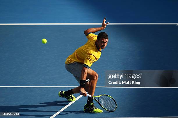 Inigo Cervantes of Spain plays a backhand volley in his match against James Duckworth of Australia during day three of the 2016 Sydney International...