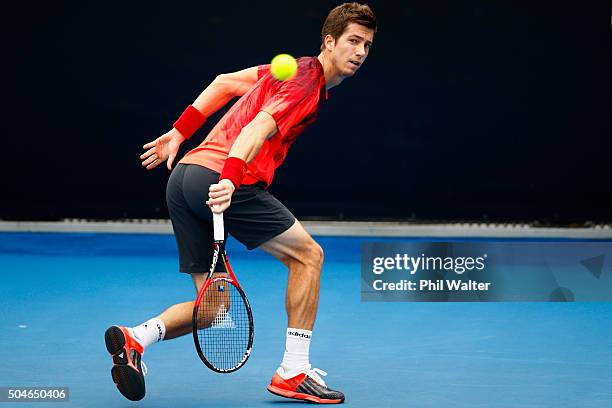 Aljaz Bedene of Great Britain plays a backhand against Sam Querrey of the USA in their singles match on Day 8 of the ASB Classic on January 12, 2016...