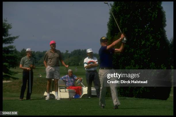 Pres. Bush swinging, on Cape Arundel Golf Course, w. Admiring son Jeb & NSC Adviser Brent Scowcroft in tow, in Kennebunkport, ME.
