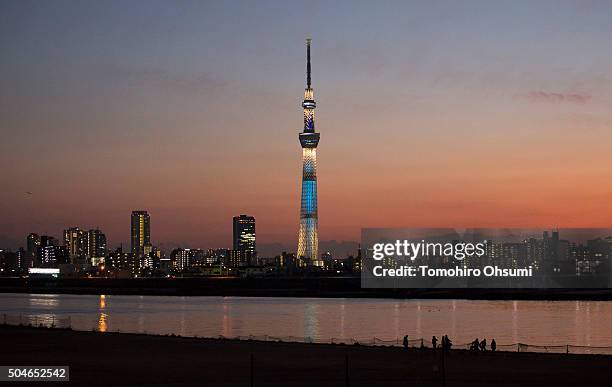 The Tokyo SkyTree stands behind the Arakawa river at dusk January 9, 2016 in Tokyo, Japan.