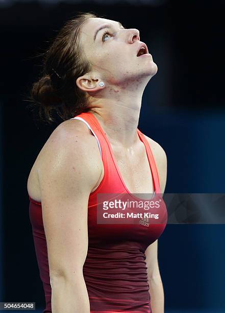 Simona Halep of Romania looks dejected after losing a point in her match against Caroline Garcia of France during day three of the 2016 Sydney...