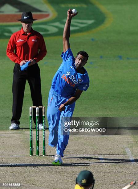 India's Ravi Ashwin bowls during the one-day international cricket match between India and Australia in Perth on January 12, 2016. AFP PHOTO / Greg...