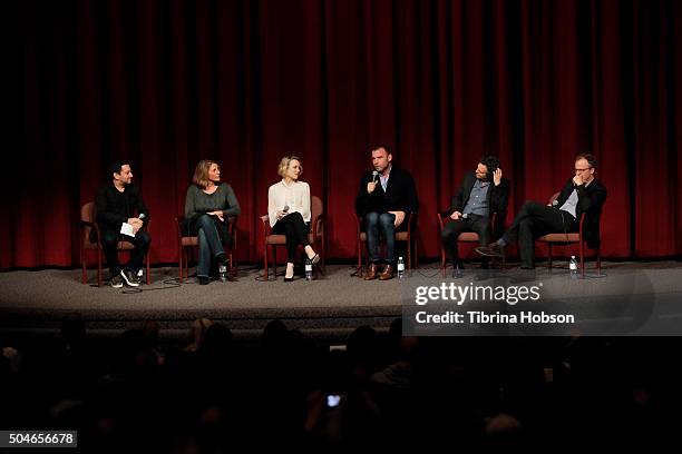 Scott Feinberg, Sacha Pfeiffer, Rachel McAdams, Liev Schreiber, Mark Ruffalo and Tom McCarthy attend SAG-AFTRA Foundation Conversations Series for...