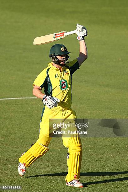 George Bailey of Australia celebrates his century during the Victoria Bitter One Day International Series match between Australia and India at WACA...
