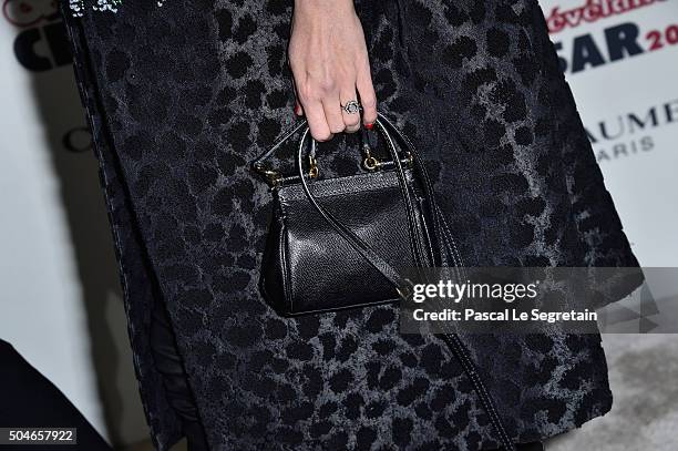 Sonia Sieff,bag detail, attends the 'Cesar - Revelations 2016' Photocall And Cocktail Dinner on January 11, 2016 in Paris, France.