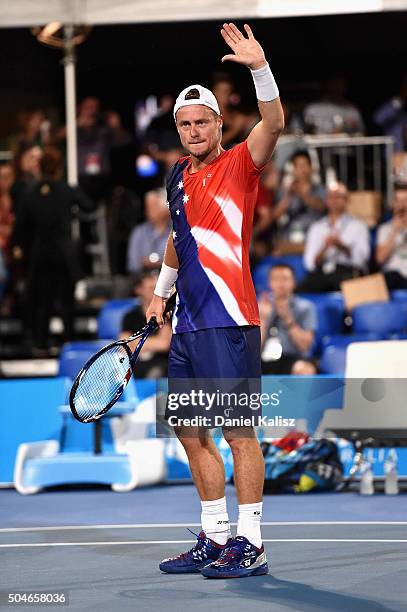 Lleyton Hewitt of Australia reacts to the crowd after the 2016 World Tennis Challenge match between Lleyton Hewitt of Australia and Fernando Verdasco...