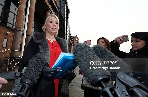 Debbie Essery, sister of PC David Rathband, speaks to the media ahead of the family's court case against Northumbria police at Newcastle Crown Court...