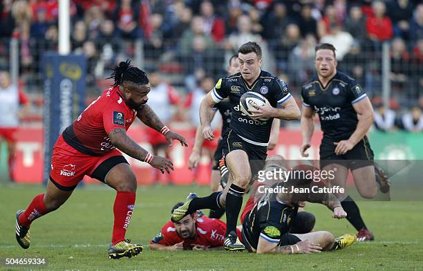 George Ford of Bath Rugby and Mathieu Bastareaud of Toulon in action during the European Champions Cup match between Racing Club de Toulon and Bath...