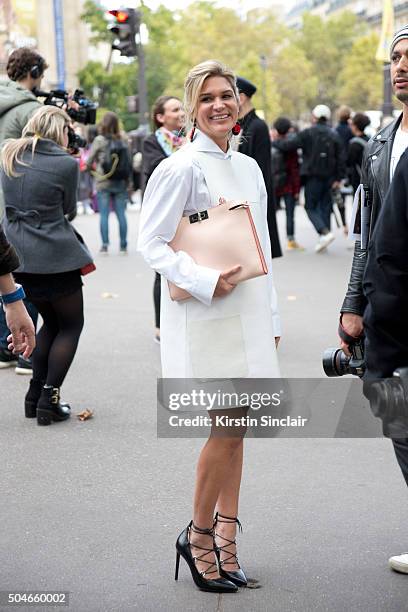 Fashion Blogger Juliana Santos wears a Fendi dress and bag, Saint Laurent shoes on day 9 during Paris Fashion Week Spring/Summer 2016/17 on October...