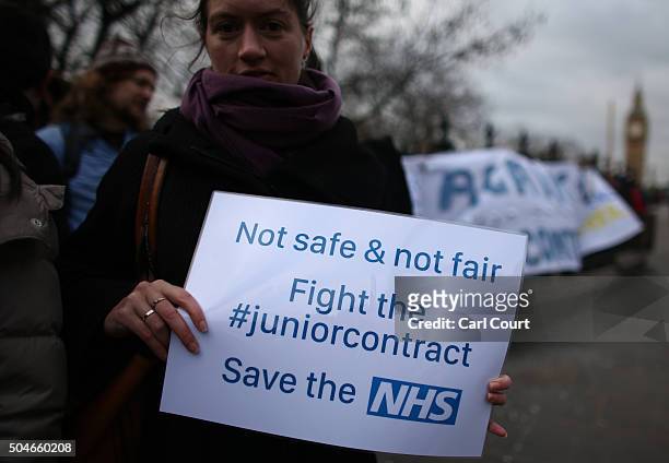 Woman holds a placard as she takes part in a picket outside St Thomas' Hospital on January 12, 2016 in London, United Kingdom. Junior doctors in...