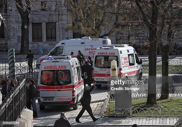 Ambulances and police were despatched to the blast site after an explosion in the central Istanbul Sultanahmet district on January 12, 2016 in...