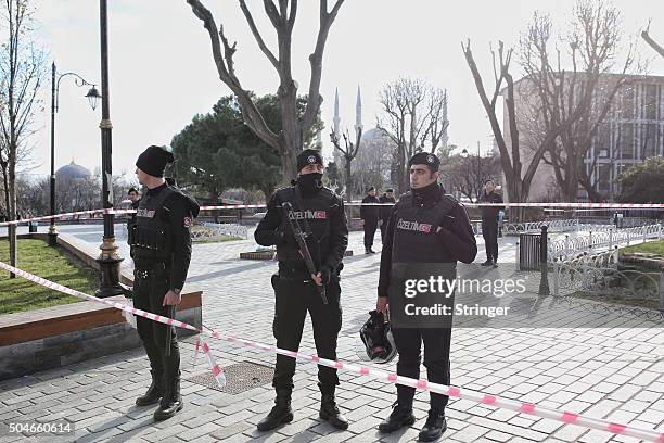 Turkish police secure the area after an explosion in the central Istanbul Sultanahmet district on January 12, 2016 in Istanbul, Turkey. At least 10...