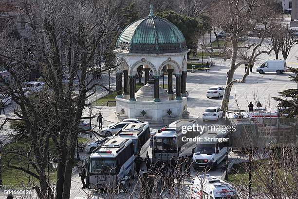 Ambulances and police were despatched to the blast site after an explosion in the central Istanbul Sultanahmet district on January 12, 2016 in...